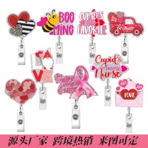 Valentine's Day Pink English glitter acrylic badge clip DIY heart Retractable badge reel