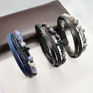 21cm Cross Multi layer Black Gallstone Bracelet Braided PU Leather Magnetic Buckle Bracelet