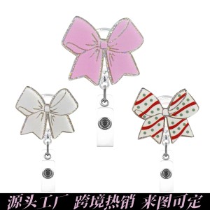 Hot selling glitter acrylic pink bow staff doctor nurse Badge Reel ID holder
