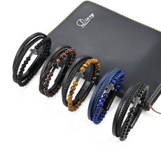 New 21CM hot selling natural stone bracelet, tiger eye agate stone cross bracelet, men's bracelet, multi-layer woven leather