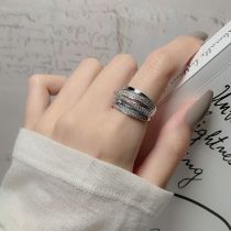 French designer style diamond inlaid zircon ring with shiny multi-layer ring for women, adjustable