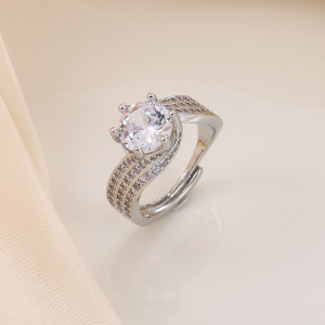 Hot selling copper inlaid zircon open ring with adjustable size, three rows of twisted lines, full diamond ring