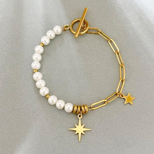 OT Buckle Freshwater Pearl Octagonal Star Bracelet 18K Gold Stainless Steel Female Student