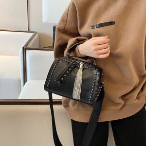 New women's bag simple broadband shoulder crossbody bag tassel rivet large capacity handbag