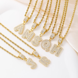 Hot selling fashionable copper inlaid zircon plated 18k gold necklace with 26 English letters