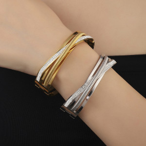 Hollow multi-layer cross inlaid diamond titanium steel bracelet 18K gold-plated bracelet for girls
