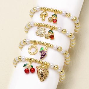 Pearl Fruit Strawberry Cherry Drip Oil Gold Plated Pendant Bracelet Jewelry