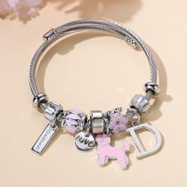 Pink puppy pendant, small flower, fresh stainless steel silver bracelet accessory dog