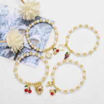 Pearl Fruit Strawberry Cherry Drip Oil Gold Plated Pendant Bracelet Jewelry