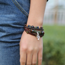 Minimally designed multi-layer beaded leather bracelet, personalized note pendant, wristband, music festival accessory