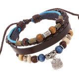 Vintage beaded cowhide bracelet with adjustable owl pendant leather bracelet jewelry