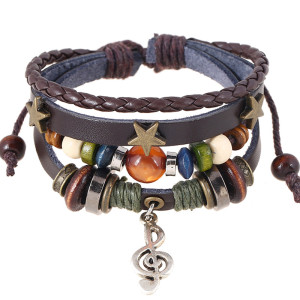 Minimally designed multi-layer beaded leather bracelet, personalized note pendant, wristband, music festival accessory