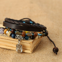Vintage beaded cowhide bracelet with adjustable owl pendant leather bracelet jewelry