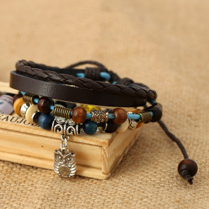Vintage beaded cowhide bracelet with adjustable owl pendant leather bracelet jewelry