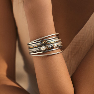 Vintage Bracelet ABS Pearl Handmade Bead Multi layer Braided Leather PU Handmade Jewelry