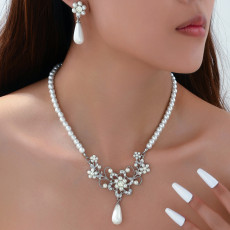 Wholesale American style pearl necklace with zircon inlaid plum blossom earrings necklace set