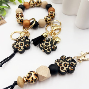 Leopard print wooden bead silicone bead bead bracelet keychain cat paw keyring