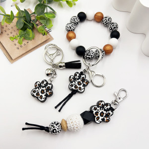 Leopard print wooden bead silicone bead bead bracelet keychain cat paw keyring