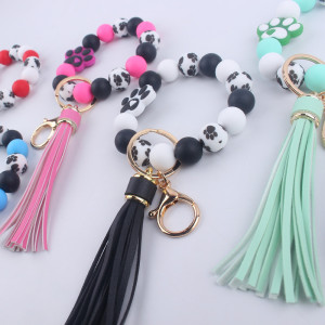 Silicone dog paw food grade silicone bead bracelet wrist keychain pendant leather tassel bracelet