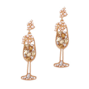 Imitation pearl studded rhinestone wine glass shaped earrings