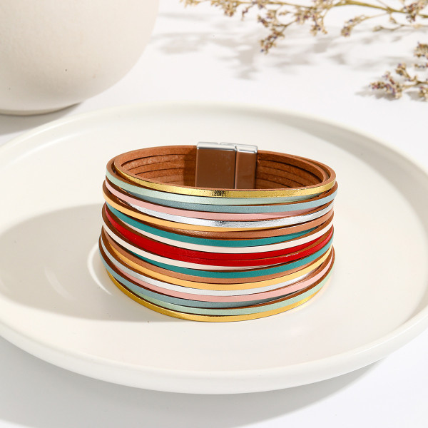 New Multi Step Gradient Bracelet Leather Rope Mixed Color Women's PU Leather Bracelet Magnetic Buckle Bracelet