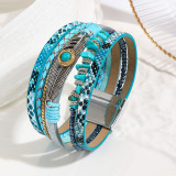 Bohemian style gravel feather leather women's bracelet with turquoise magnetic clasp bracelet