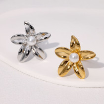 Flower ring simulation pearl stainless steel ring for women