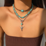 Retro imitation turquoise sweater chain bead necklace cowboy style