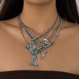 Retro imitation turquoise sweater chain bead necklace cowboy style
