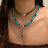 Retro imitation turquoise sweater chain bead necklace cowboy style