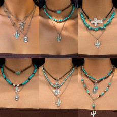 Retro imitation turquoise sweater chain bead necklace cowboy style