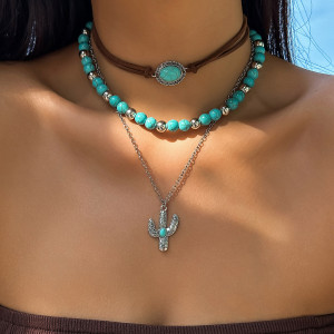 Retro imitation turquoise sweater chain bead necklace cowboy style