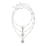 Retro imitation turquoise sweater chain bead necklace cowboy style