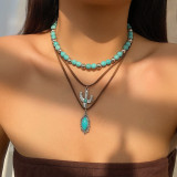 Retro imitation turquoise sweater chain bead necklace cowboy style