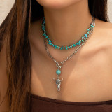 Retro imitation turquoise sweater chain bead necklace cowboy style