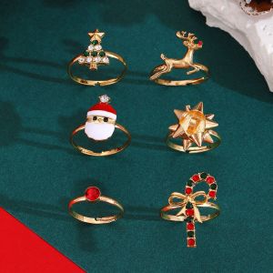 Christmas Accessories Cartoon Elk Christmas Tree Ring 6-piece Set with Drip Oil Adjustable Ring