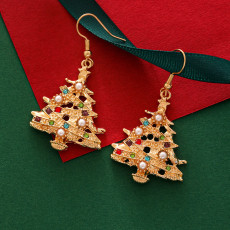 Golden Christmas Tree Pearl Water Diamond Earrings
