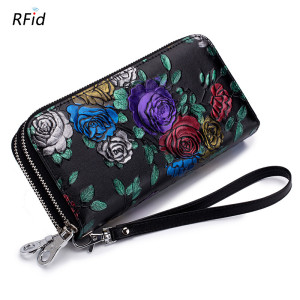 Double zipper large capacity wallet women, long genuine leather multi slot rose wallet