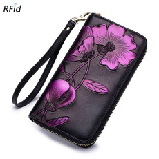 Long genuine leather zipper wallet RFID leather handbag