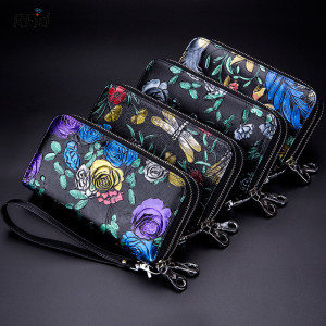 Double zipper large capacity wallet women, long genuine leather multi slot rose wallet