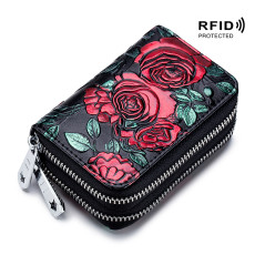 Colorful  genuine leather card bag with large capacity and multiple card slots, RFID anti RF dual zipper wallet