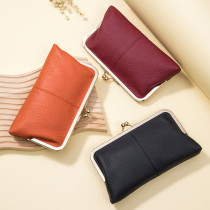 Genuine leather clip bag long handbag new top layer cowhide wallet storage bag large capacity