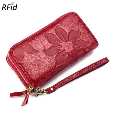 Double zipper leather wallet RFID large capacity long leather phone bag for women genuine leather