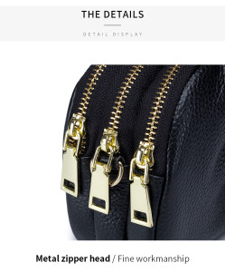 Genuine Leather  women's bag, high-end feel, mobile phone bag, crossbody leather, three-layer zipper shoulder bag, large capacity