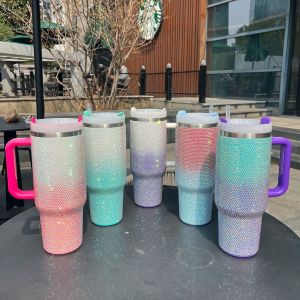 304 stainless steel 1200ml Rhinestone New 40oz   large capacity portable straw cup with handle, ice cream cup