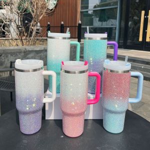 304 stainless steel 1200ml Rhinestone New 40oz   large capacity portable straw cup with handle, ice cream cup