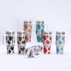 Cow patterned 40oz diamond studded car cup, thickened stainless steel insulated cup, double-layer handle, ice cream cup, straw cup