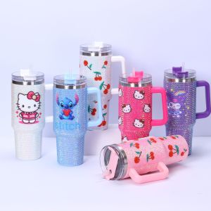 Diamond inlaid 40oz handle car cup 304 stainless steel insulated cup large capacity ice cream cup wholesale