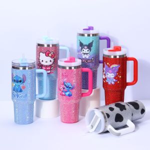 Diamond inlaid 40oz handle car cup 304 stainless steel insulated cup large capacity ice cream cup wholesale