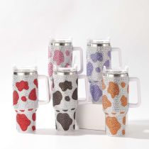 Cow patterned 40oz diamond studded car cup, thickened stainless steel insulated cup, double-layer handle, ice cream cup, straw cup